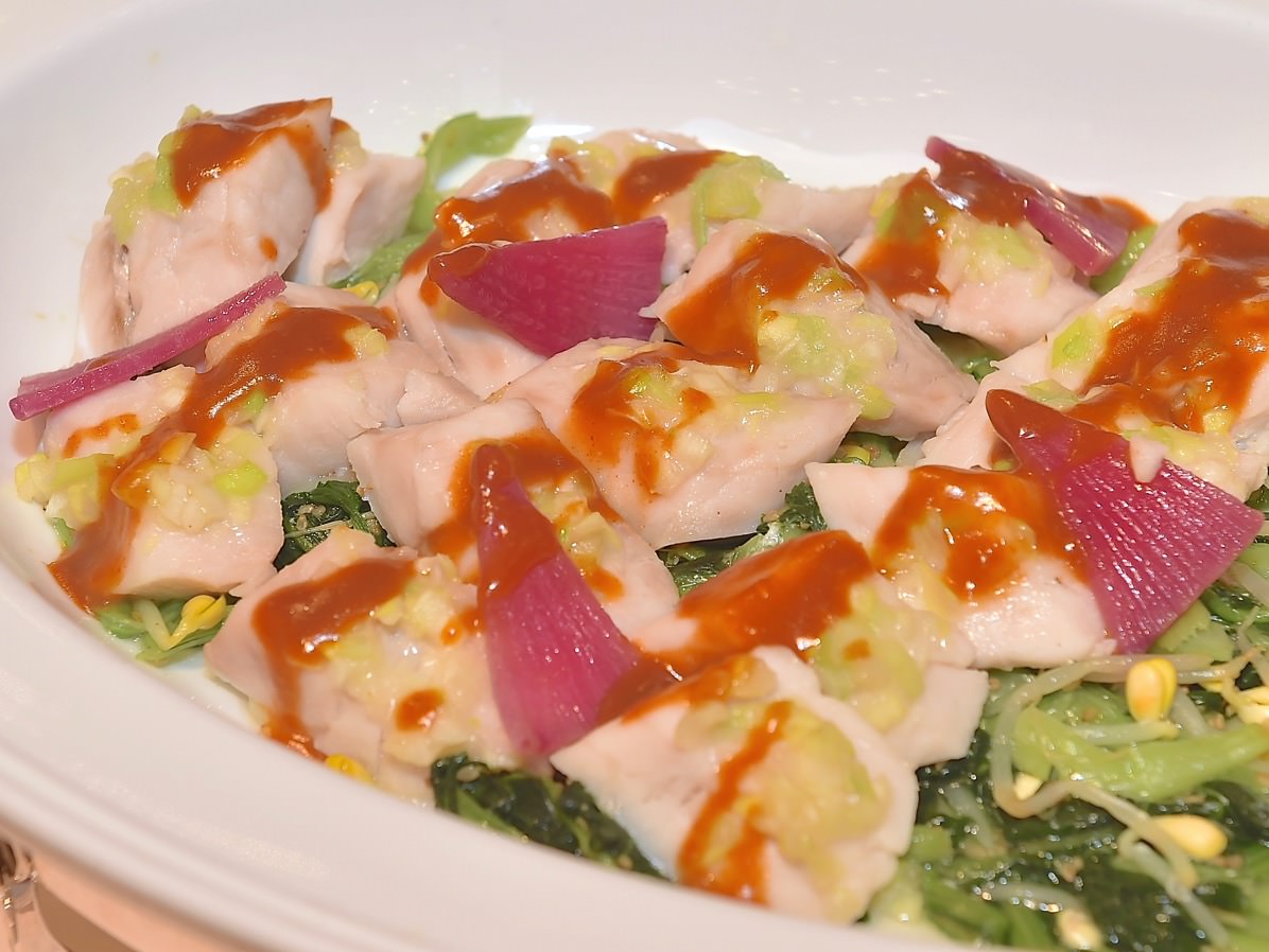 白身魚のネギ生姜蒸し 小松菜のナムルとサムジャンソース