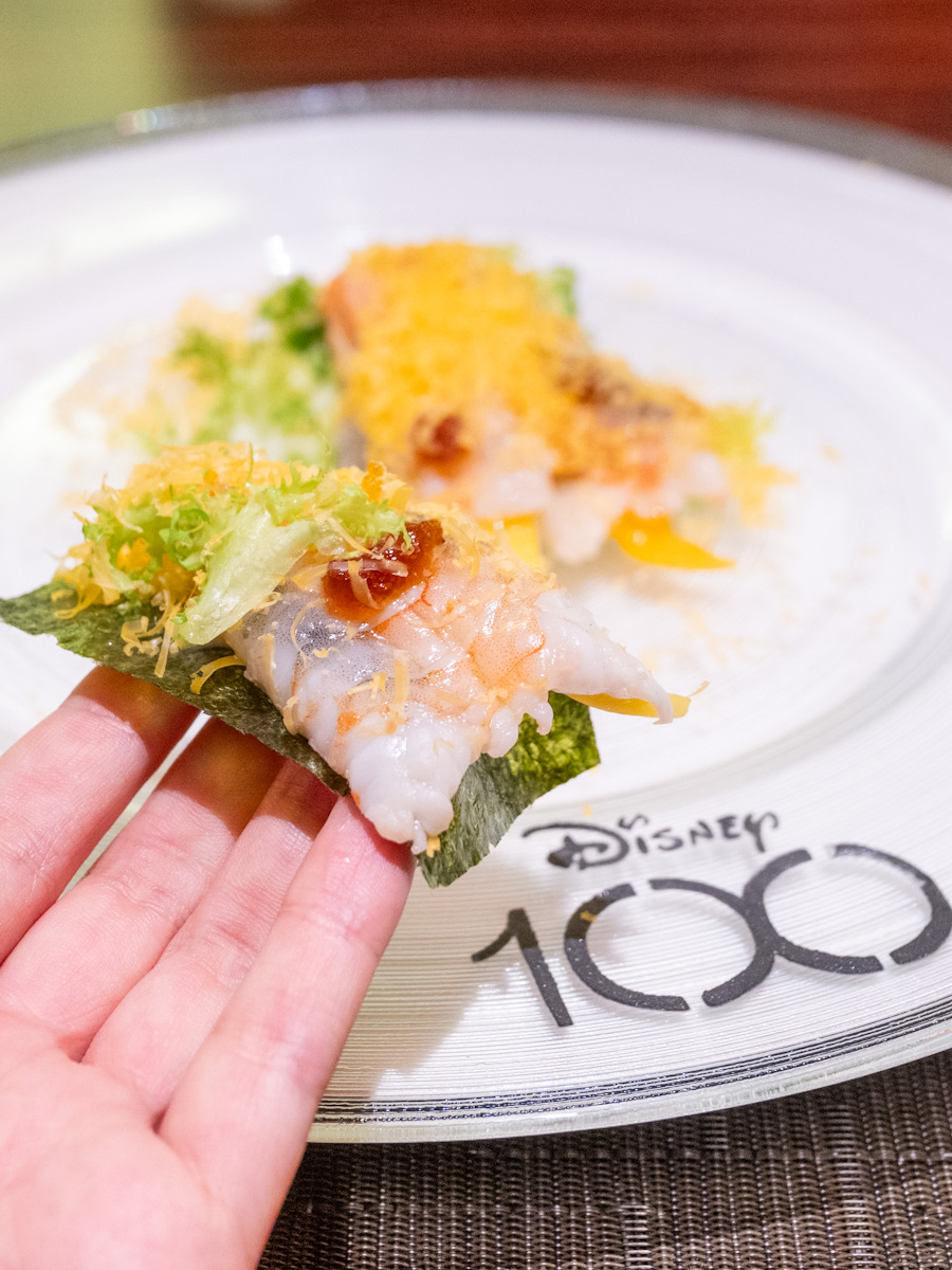 天使の海老とフェンネルのサラダ カラスミとグレープフルーツのポン酢ジュレ　手巻き寿司