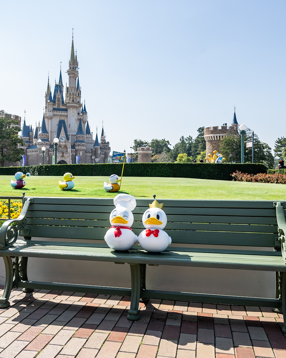 東京ディズニーランド「ディズニー・パルパルーザ”ドナルドのクワッキー・ダック！ダック！ダックシティ！”」デコレーション　プラザ　クワッキーダック　ベンチ1
