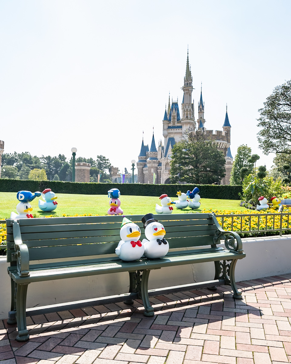 東京ディズニーランド「ディズニー・パルパルーザ”ドナルドのクワッキー・ダック！ダック！ダックシティ！”」デコレーション　プラザ　サイド　ベンチ