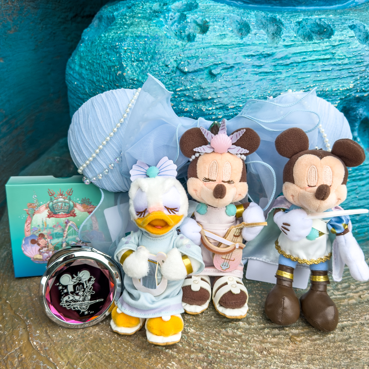 東京ディズニーシー24周年記念ガラスグッズ（コンパクトミラー、ボールペン、グラス）お土産
